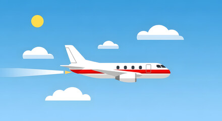 airplane flying blue sky clouds sun flat design