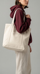 Fashionable woman showcasing a versatile, minimalist cream canvas tote bag, perfect for sustainable daily use and effortless style, highlighting eco-conscious accessory choices for a modern lifestyle