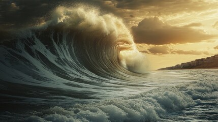 Dramatic ocean wave at sunset