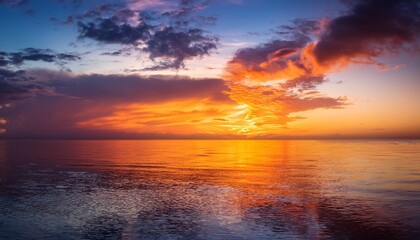 Fototapeta premium dramatic fiery sunset over calm ocean reflecting vibrant orange and blue clouds in the sky