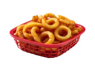 A classic fast-food basket with a mix of crispy golden onion rings and French fries. The perfect, isolated, and shareable appetizer or side dish.
