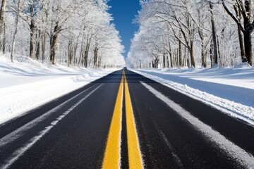 Obraz premium Winter Road Serenity: Asphalt Path Through Snow-Laden Trees Under Clear Blue Sky