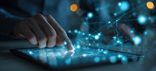 Close-up of a person's hands interacting with a tablet displaying a network of glowing points and lines.  A dark background provides a contrast to the vibrant blue light