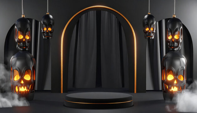 A spooky Halloween stage design featuring skull lanterns, a dark backdrop, and a central podium.