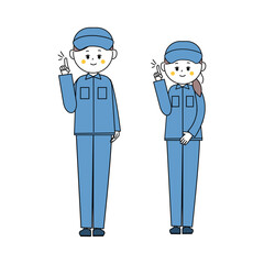 ポイントを伝える作業服姿の男女の全身イラスト
