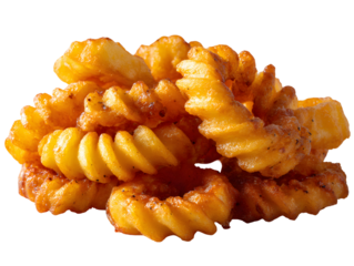 A pile of golden, crispy crinkle-cut fries with their signature wavy texture. A fun and classic isolated side dish perfect for any fast-food menu.