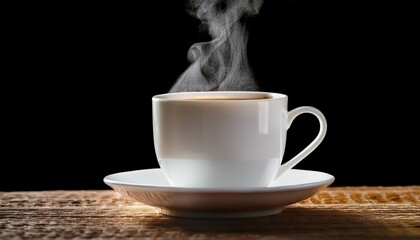 steaming coffee in white cup on transparent background