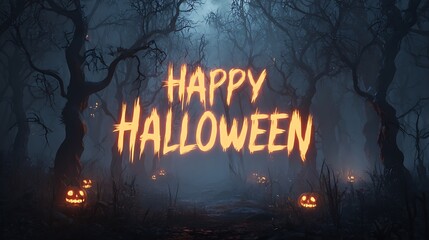 Happy halloween text with glowing pumpkins in a spooky and misty dark forest background scene render halloween art