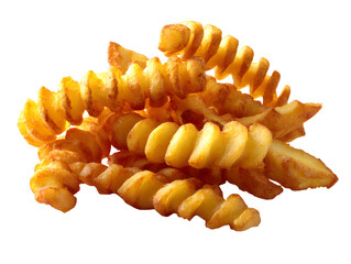 A pile of golden, crispy crinkle-cut fries with their signature wavy texture. A fun and classic isolated side dish perfect for any fast-food menu.