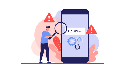 Man investigates mobile phone loading error showing exclamation warnings, system failure concepts