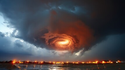 A glowing red vortex swirls above a town under twilight skies, creating a surreal and ominous scene.