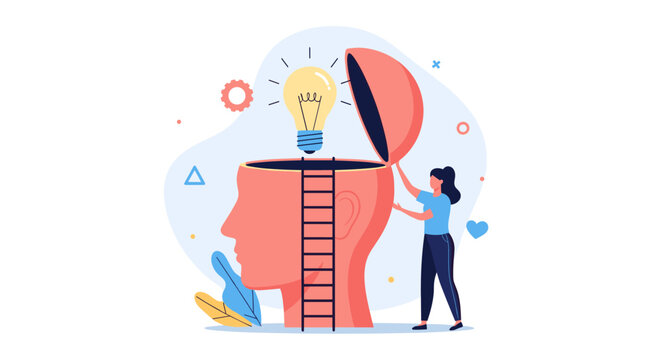 Woman opening mind to new ideas with glowing lightbulb - innovation and creativity concept