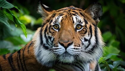 Fototapeta premium vibrant tiger portrait in lush habitat