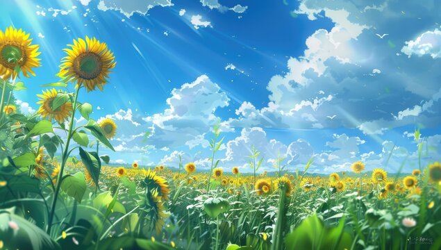 Illustration of a vibrant sunflower field under a sunny blue sky with puffy white clouds
