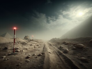 A dramatic desert scene with glowing warning lights, heavy equipment, and pyramids in the distance at dusk.