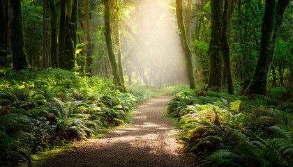 a serene pathway illuminated by light through a lush enchanting forest