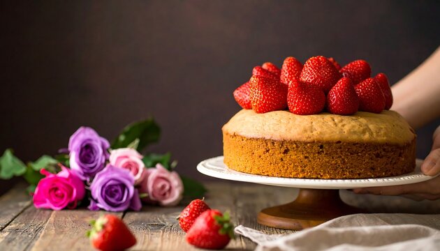 A hand presents a simple round cake, adorned with fresh strawberries, alongside a bouquet of roses