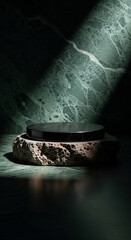 Refined natural stone podium, a sleek dark marble disc atop a rugged block, dramatically spotlighted against a textured green background, perfect for showcasing premium items with sophisticated flair