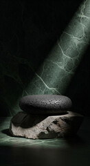 Dramatic light highlights a minimalist display of contrasting natural stones, stacked serenely against a dark, textured green marble background, embodying tranquility
