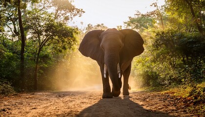 Fototapeta premium majestic elephant walks through sunlit dusty path in serene forest setting