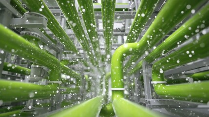 A medium shot highlights the intricate piping and nutrient delivery systems interconnecting various algae growth tanks during the sustainable production of biofuels.