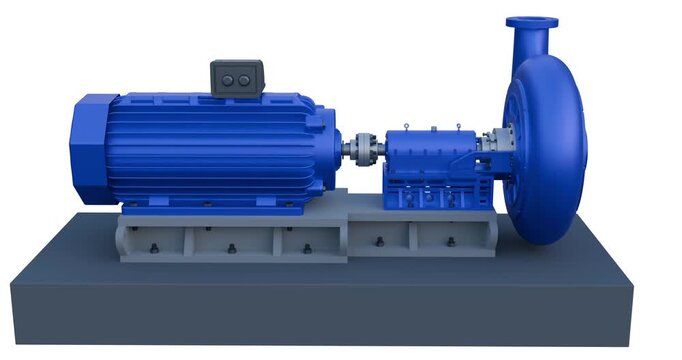 Mechanical Pump and motor mounted on pump foundation; industrial pumping system; Centrifugal pump assembly