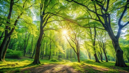 Sunbeams Illuminate Lush Green Forest Canopy, Creating a Magical Path Through Nature's Embrace