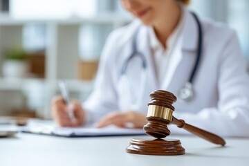 Wooden gavel on a white desk with a doctor writing in the background. concept for medical malpractice, healthcare compliance and pharmaceutical regulation