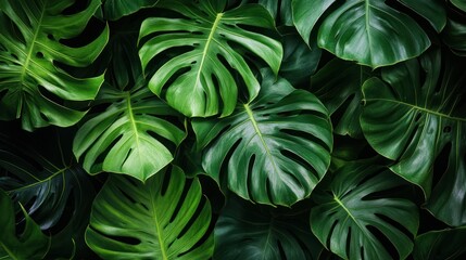 Fototapeta premium Lush Monstera leaves background. Tropical backdrop. Natural backdrop. Botanical image. Possible use nature print, wallpaper, website background