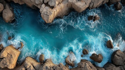 Waves crash through a narrow rock corridor, revealing the power and motion of the sea.