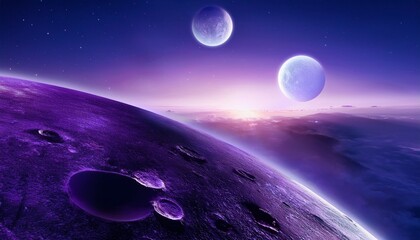binary moons orbiting a violet planet with shimmering atmosphere
