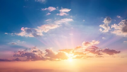 pastel sky with shining sun and colorful clouds at sunrise