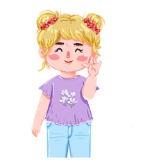 Cute Girl with Topknots Waving Hello, Floral Shirt