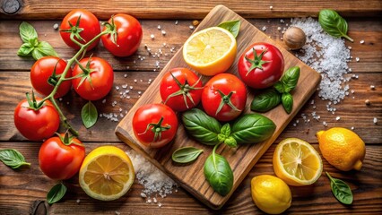 Rustic wooden board with ripe tomatoes, lemons, and fresh basil, seasoned with sea salt