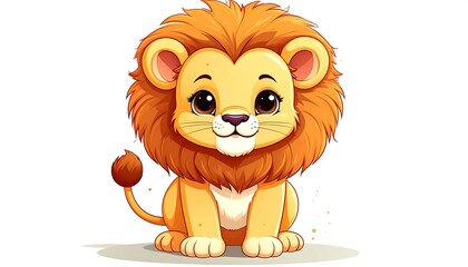 Cute Cartoon Lion Cub Sitting, White Background (1)