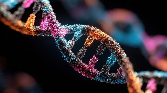Closeup digital model of DNA strands with highlighted sections missing to symbolize chromosomal deletion in Turner syndrome XO cases.