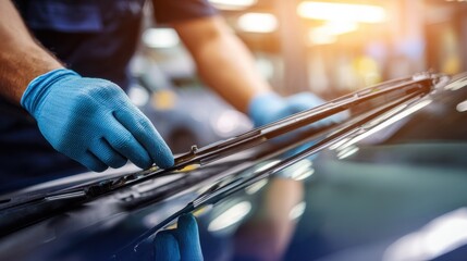 Closeup of hands removing wornout windshield wiper blades from a car focusing on the blade detail with blurred car hood in the background.
