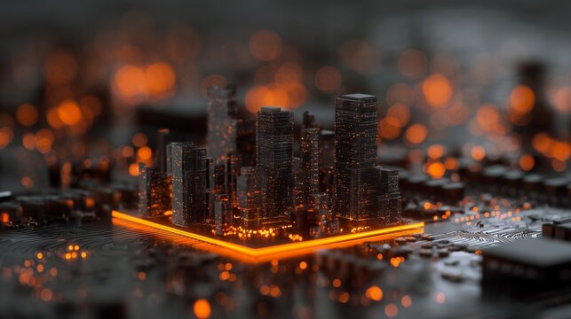 Miniature cityscape illuminated with orange lights atop a circuit board surface. Concept for smart city development, technological advancement and digital infrastructure solutions - Powered by Adobe