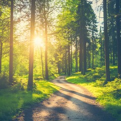 Obraz premium Sunlit Forest Path Summer Trail Nature Scene