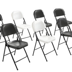 Rows of alternating black and white folding chairs on a black background