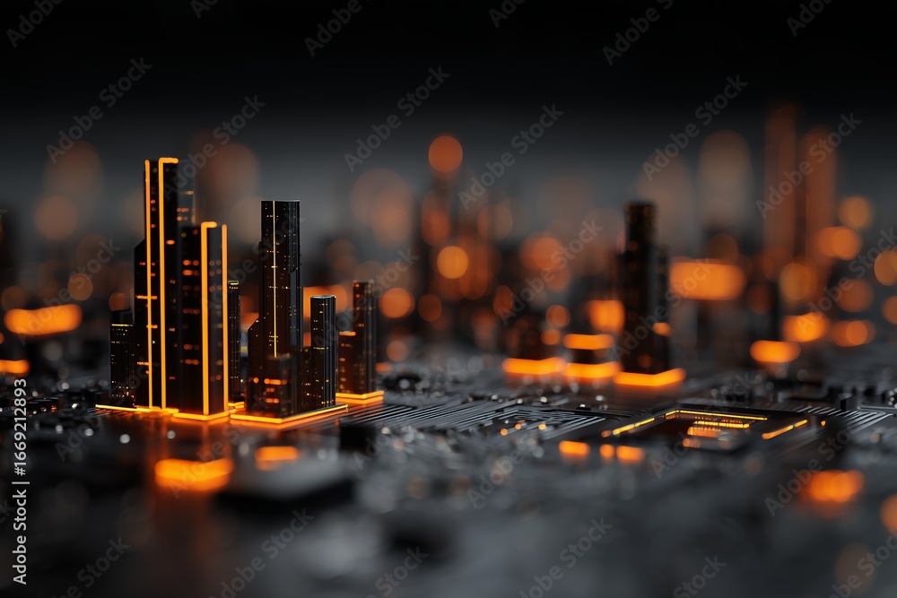 Poster futuristic glowing city skyline rendering on a detailed circuit board surface with bokeh effect, con
