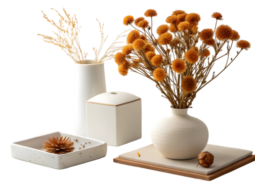Minimalist Arrangement of Dried Orange Flowers in White Ceramic Vases and Decorative Trays on a Wooden Platform Against a Black Background