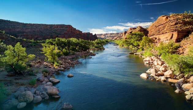 fly through virgin river rocky canyon water landscape with lush vegetation