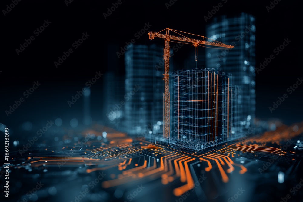 Poster digital blueprint of a building under construction with an orange crane and circuit board base. conc