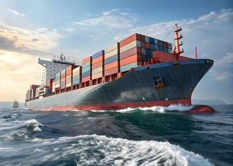 Fototapeta premium Photorealistic 8 K Render of a Large Container Ship Sailing on a Deep Blue Ocean Under a Partly Cloudy Sky with a Smaller Vessel in the Background at Sunset