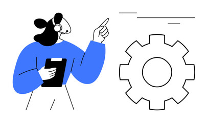 Person wearing a headset holding a clipboard and pointing towards a gear icon, symbolizing guidance, teamwork, workflow optimization, communication, leadership, task management, and operational