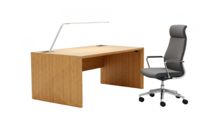 Modern wooden desk with ergonomic office chair and adjustable lamp isolated on transparent background