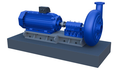 3D Rendering of Pump and motor skid; industrial pumping system; Centrifugal pump assembly