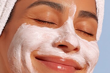 Young woman, with a serene expression, relaxing with a foamy face mask on a light blue background