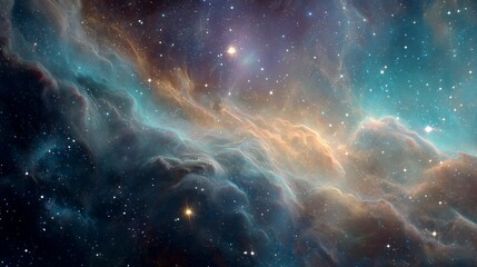 Fototapeta premium Vibrant celestial cloudscape with swirling blue and golden hues among distant stars. Concept for cosmic backgrounds, science fiction artwork and nebula visualizations